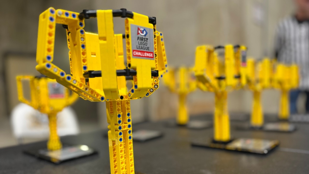 Up-close photo of FIRST LEGO League trophies