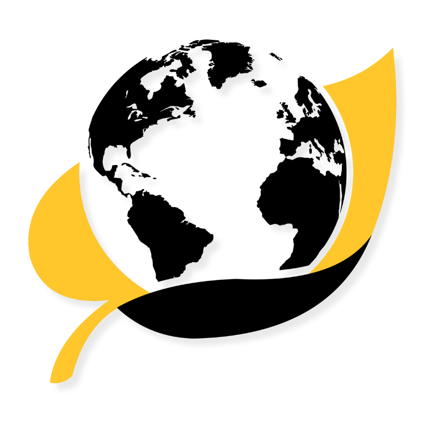 Black and gold graphic of a leaf holding the earth