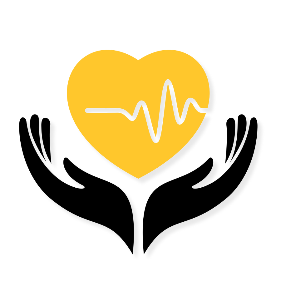 Black and gold graphic of hand holding a heart