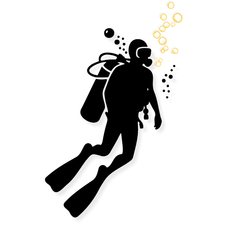 Black and gold graphic of SCUBA diver