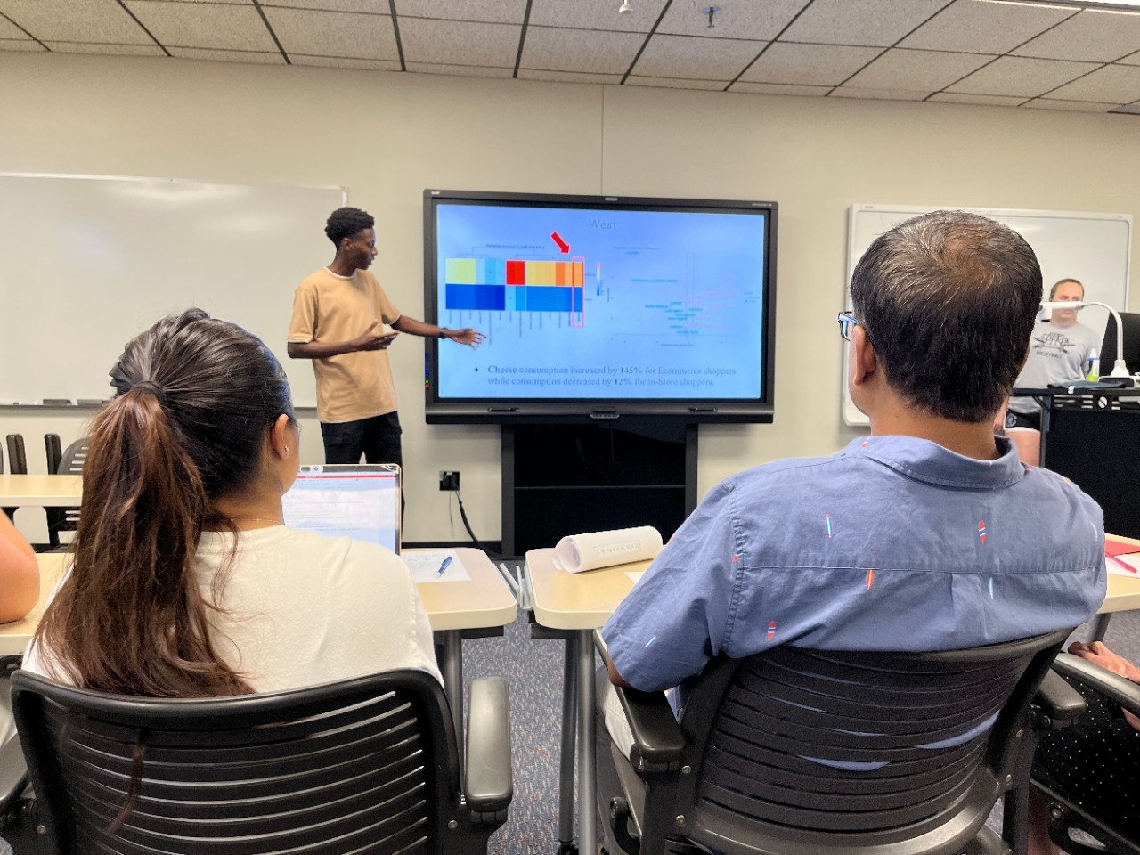 Student presenting mathematical research findings to peers in the classroom