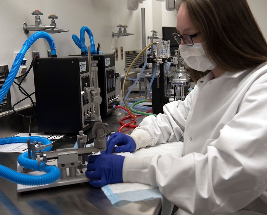 woman examining lab equipment