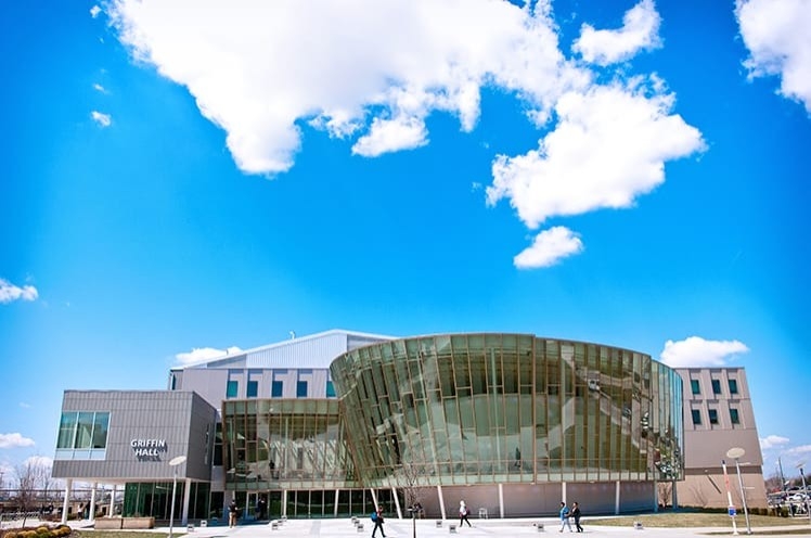 Griffin Hall exterior with blue sky