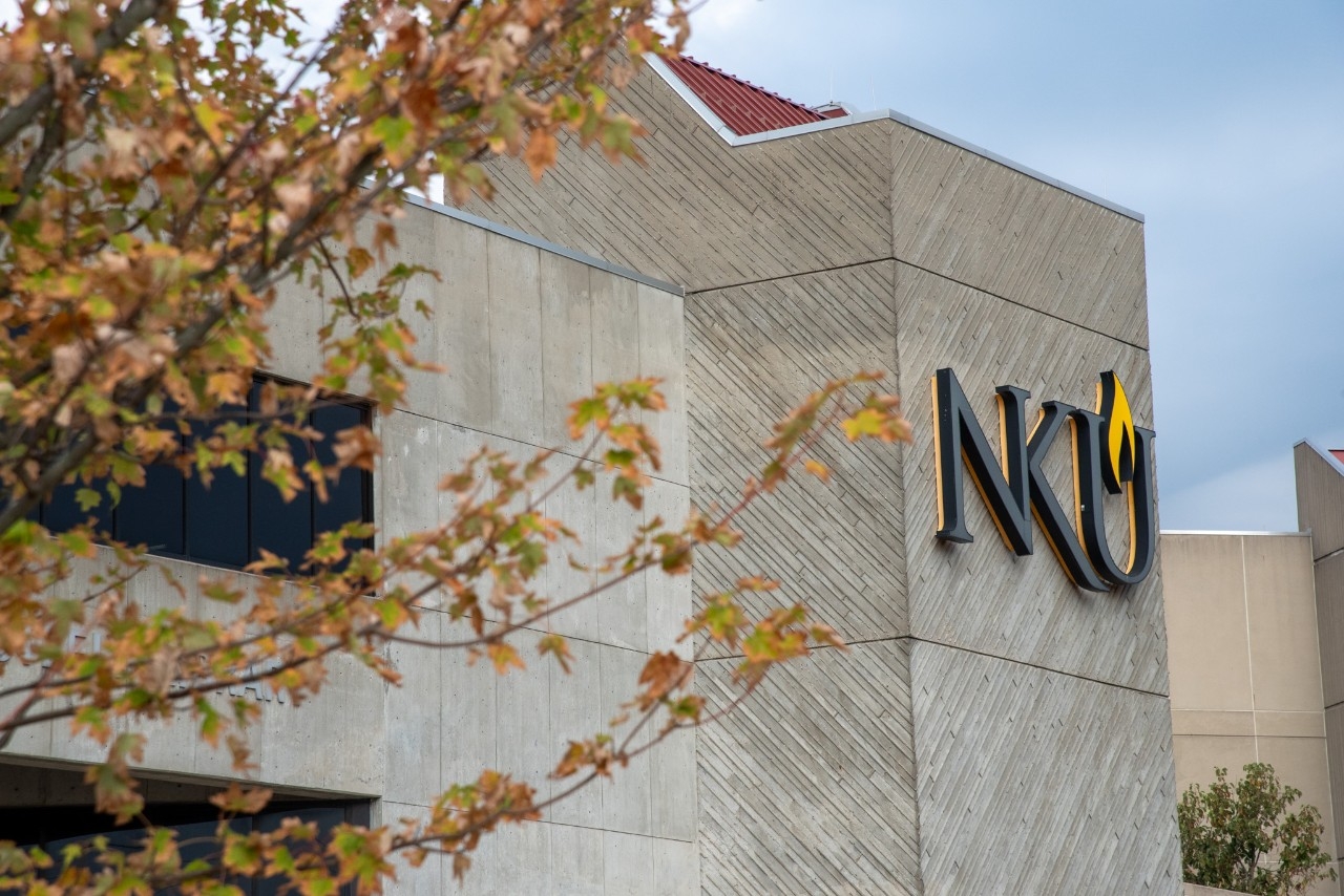 The NKU logo on the Highland Heights campus' Steely Library.